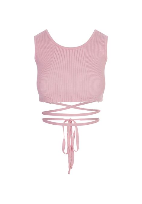 Pink Ribbed Knit Crop Top With Distressed Effect  A PAPER KID | S4PKWOTA045041