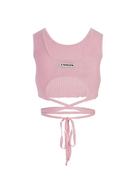 Pink Ribbed Knit Crop Top With Distressed Effect  A PAPER KID | S4PKWOTA045041