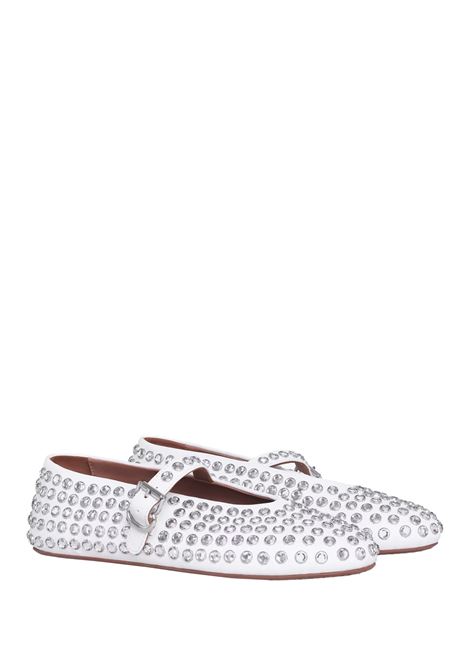 White Leather Flats Ballerinas With Rhinestones ALAIA | AA3A029CK116020