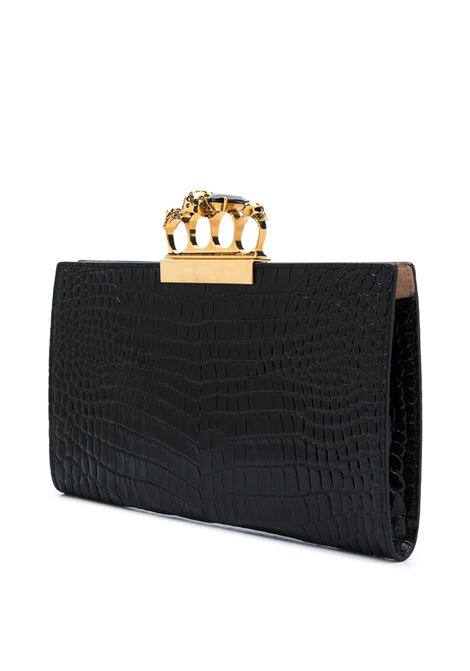 Black Four-Ring Skull Flat Clutch Bag With Crocodile Effect ALEXANDER MCQUEEN | 570582-1HB0T1000