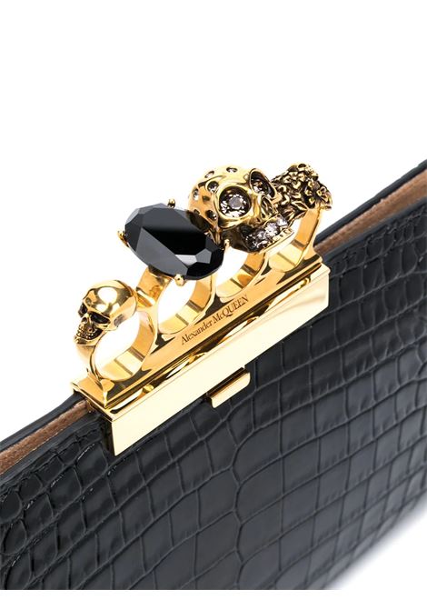 Black Four-Ring Skull Flat Clutch Bag With Crocodile Effect ALEXANDER MCQUEEN | 570582-1HB0T1000