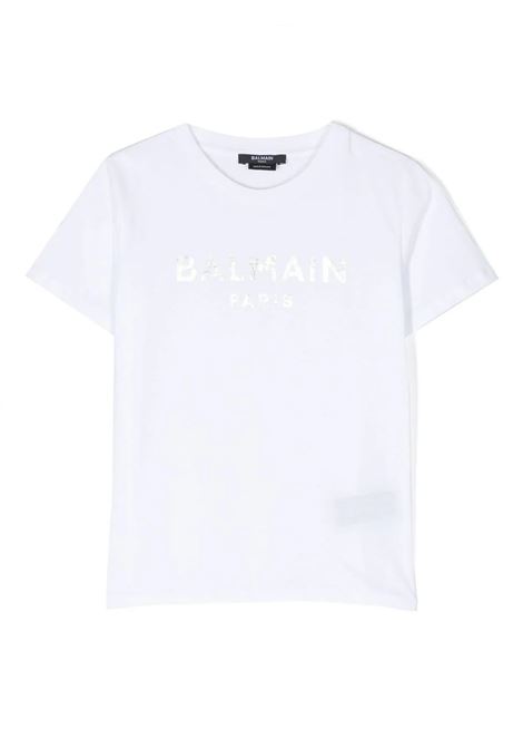 T-Shirt Bianca Con Logo Argentato BALMAIN KIDS | BS8R01-Z0082100AG
