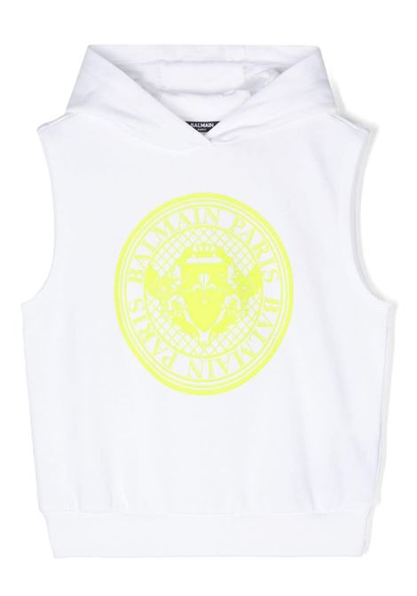 White Sleeveless Hoodie with Rubberized Logo BALMAIN KIDS | BU4R22-Z1753100GL