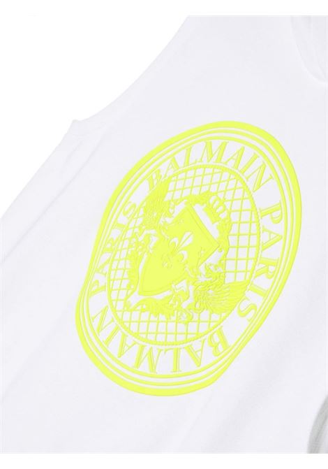 White Sleeveless Hoodie with Rubberized Logo BALMAIN KIDS | BU4R22-Z1753100GL