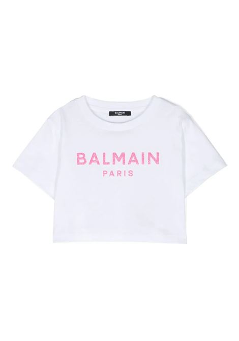 Crop T-Shirt With Pink Glitter Logo BALMAIN KIDS | BU8B91-Z0082100FU