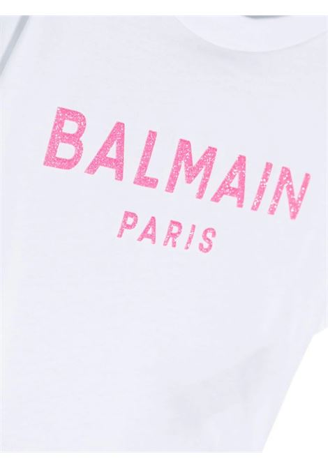 T-Shirt Crop Bianca Con Logo Rosa Glitter BALMAIN KIDS | BU8B91-Z0082100FU