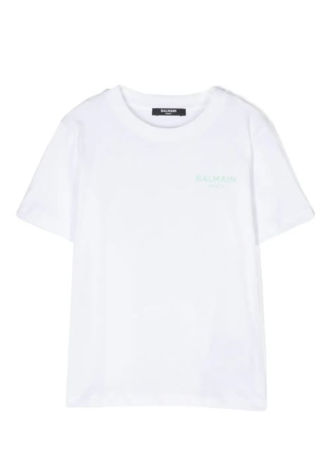 T-Shirt Bianca Con Logo Verde Chiaro Sul Petto BALMAIN KIDS | BU8R91-Z1751100VE
