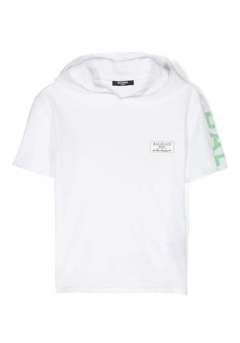 White Short-Sleeved Hoodie With Side Logo BALMAIN KIDS | BU9P51-X0107100VE
