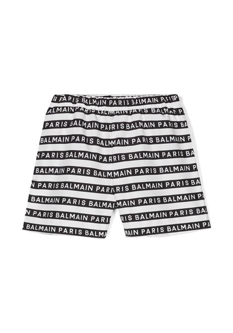 All-Over Logo Striped Beach Boxer Shorts BALMAIN KIDS | BUCP29-Z2182100NE
