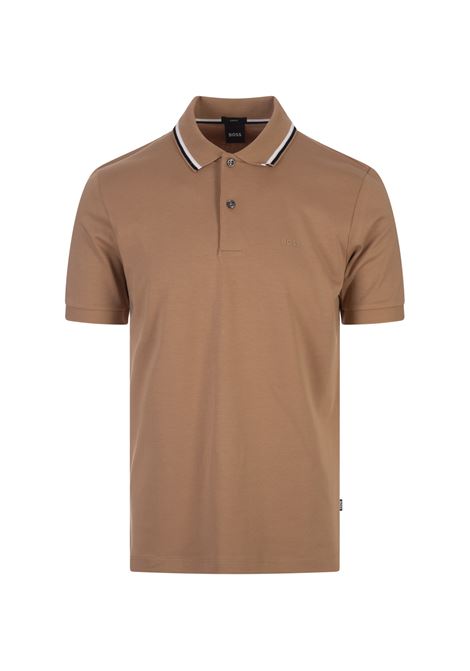 Beige Slim Fit Polo Shirt With Striped Collar BOSS | 50469360260