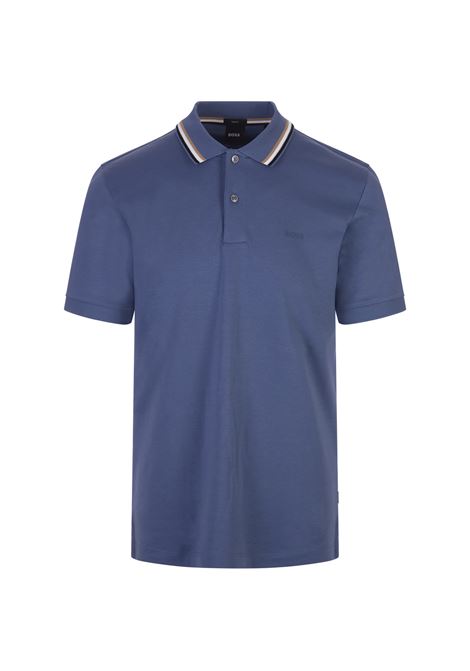Cerulean Blue Slim Fit Polo Shirt With Striped Collar BOSS | 50469360479