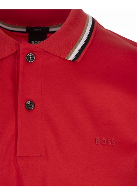 Red Slim Fit Polo Shirt With Striped Collar BOSS | 50469360627
