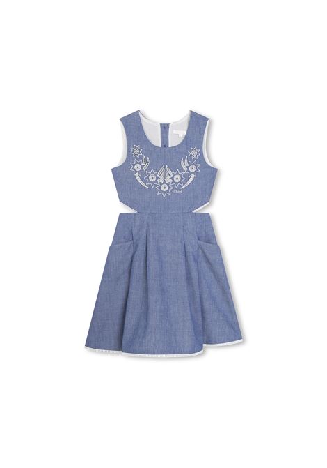 Medium Blue Sleeveless Dress With Embroidery and Cut-Out CHLOÉ KIDS | C20057Z77