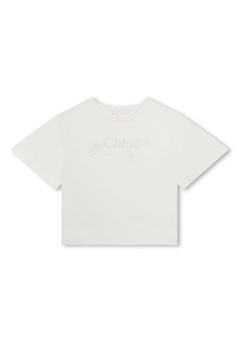 T-Shirt Bianca Con Logo Ricamato a Intaglio Chloé Kids | C20109117