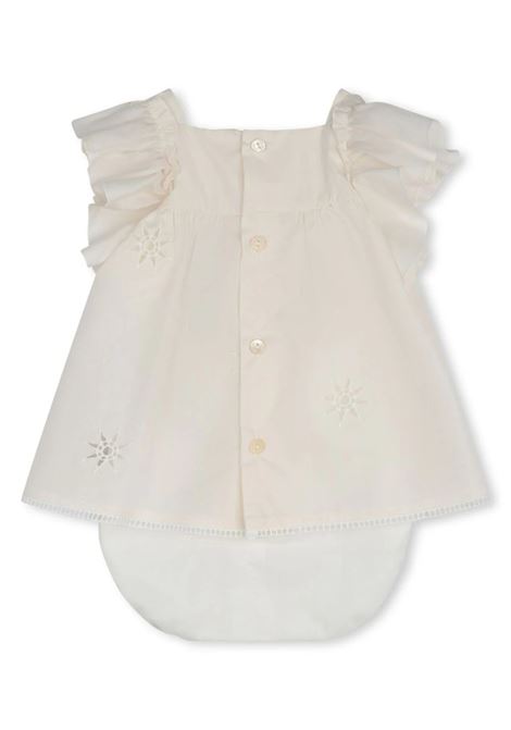 White Dress With Embroidered Stars and Ladder Stitch Work Chloé Kids | C20148440