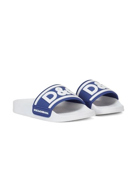 White and Blue Rubber Slide With Logo Print DOLCE & GABBANA KIDS | DD0320-AQ8588T094