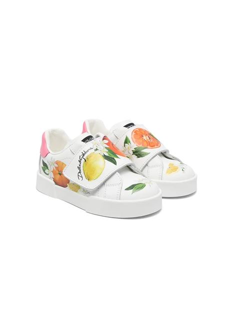 Printed White Leather First Steps Portofino Sneakers DOLCE & GABBANA KIDS | DN0143-AC374HV5AN
