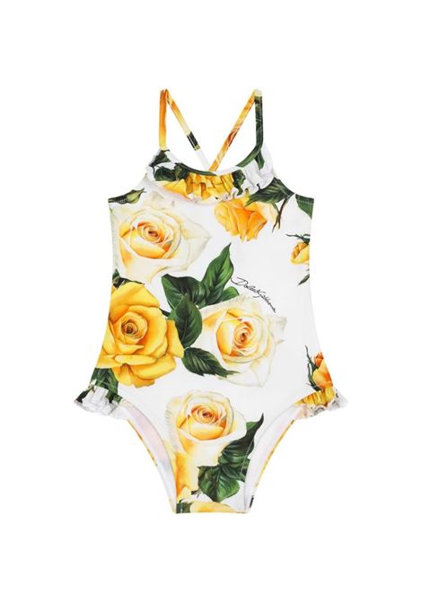 White One-Piece Swimwear With Yellow Rose Print DOLCE & GABBANA KIDS | L2J814-FSG5VHA3VO