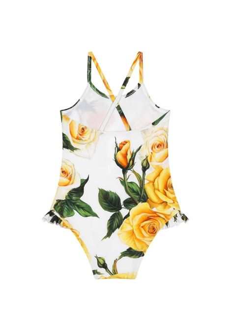 White One-Piece Swimwear With Yellow Rose Print DOLCE & GABBANA KIDS | L2J814-FSG5VHA3VO