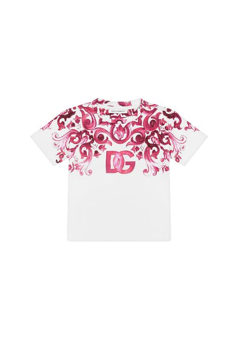 T-Shirt Con Logo DG e Stampa Maiolica Fucsia DOLCE & GABBANA KIDS | L2JTJK-G7E9QHE3TN