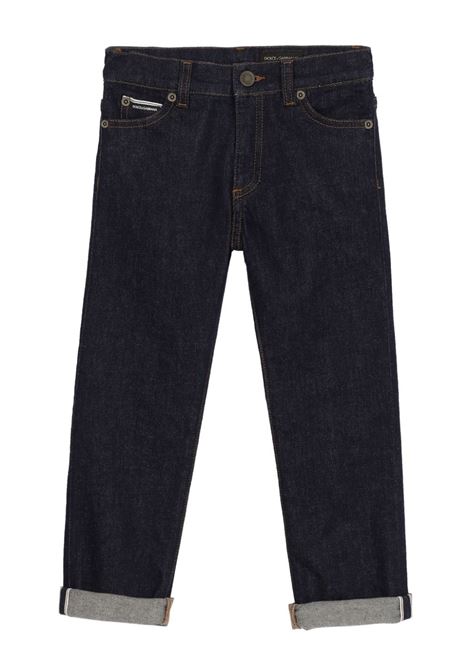 Jeans 5 Tasche In Denim Stretch Blu Con Placca Logo DOLCE & GABBANA KIDS | L42F59-LDB95S9000
