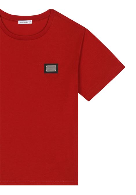 T-Shirt In Jersey Rosso Con Placca Logata DOLCE & GABBANA KIDS | L4JT7T-G7I2OR2254