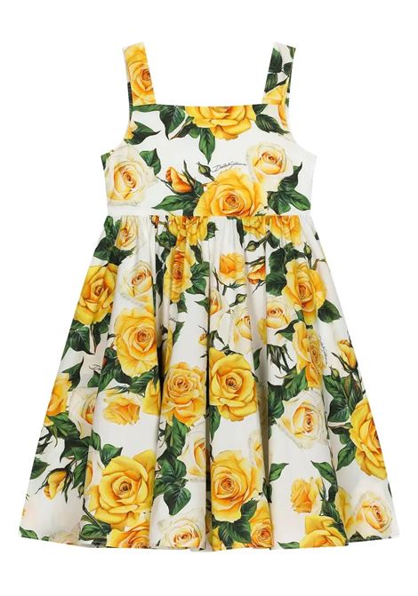 White Dress With Yellow Rose Print DOLCE & GABBANA KIDS | L53DI6-HS5QRHA3VO
