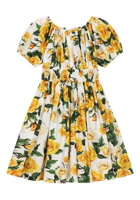 Ruffled Dress With Yellow Roses Print DOLCE & GABBANA KIDS | L53DU1-HS5QRHA3VO