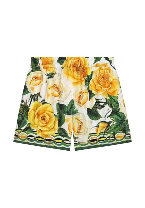 Twill Shorts With Yellow Rose Print DOLCE & GABBANA KIDS | L53Q17-G7K6FHD3VO
