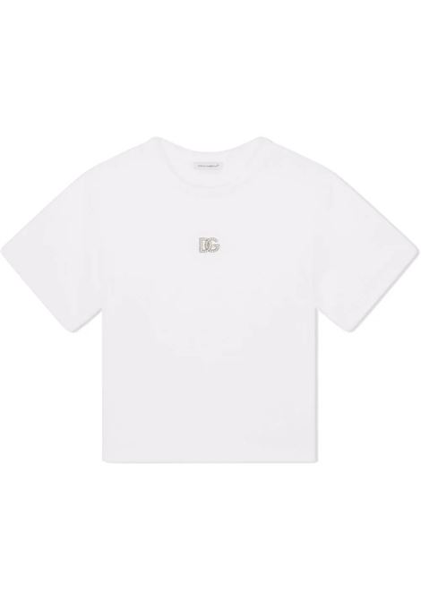 White T-Shirt With Rhinestone DG Logo DOLCE & GABBANA KIDS | L5JTAZ-G7B6NW0800