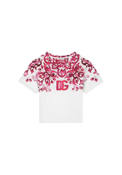 T-Shirt Bianca Con Stampa Maioliche Fucsia DOLCE & GABBANA KIDS | T-Shirts | L5JTJK-G7E9QHE3TN