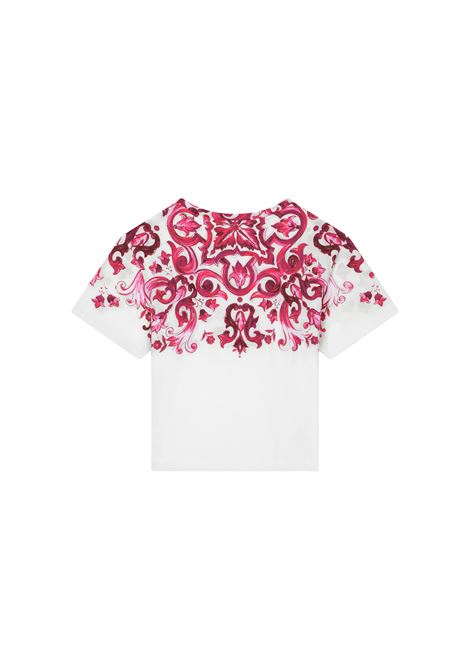 T-Shirt Bianca Con Stampa Maioliche Fucsia DOLCE & GABBANA KIDS | L5JTJK-G7E9QHE3TN