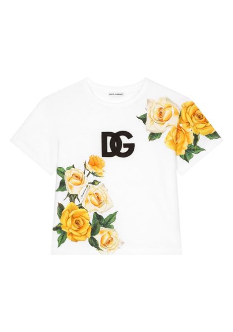 T-Shirt With DG Logo and Yellow Rose Print DOLCE & GABBANA KIDS | L5JTME-G7K4FHA3VO