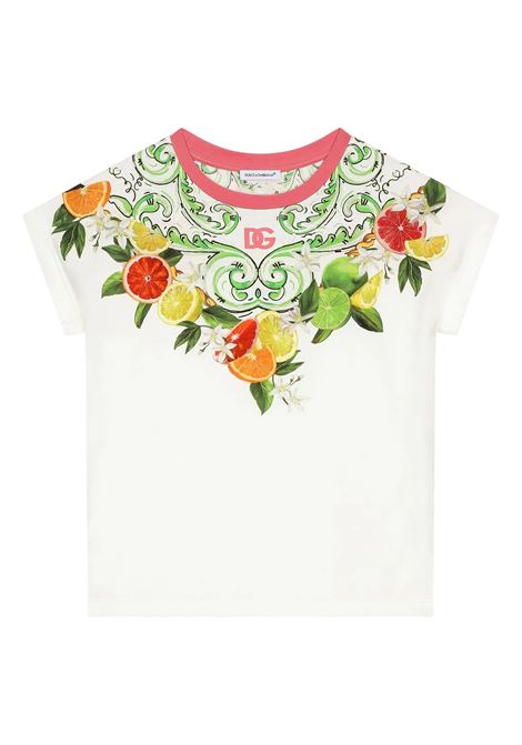 T-Shirt Bianca Con Stampa Arance e Limoni e Logo DG DOLCE & GABBANA KIDS | L5JTMW-G7M6DHV5AN