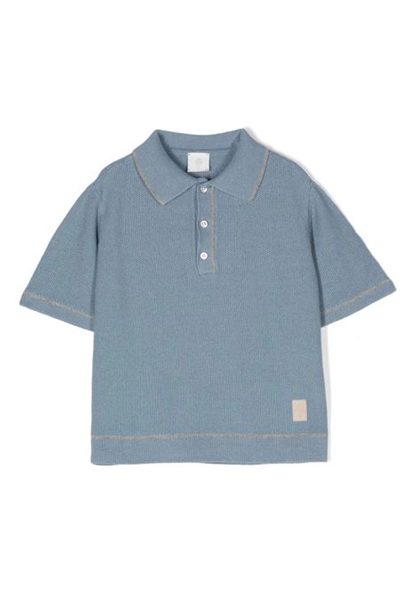 Dusty Blue Knitted Polo Shirt with Grey Stripes ELEVENTY KIDS | EU9P21-Z212460D