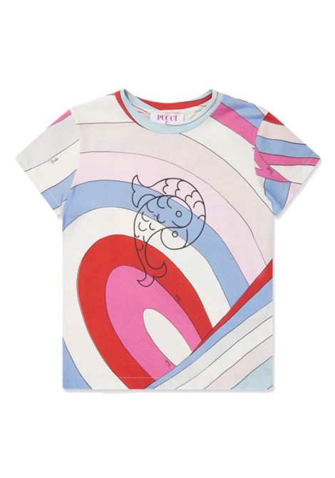 T-Shirt Con Motivo Pesci e Stampa Iride Celeste/Multicolore EMILIO PUCCI JUNIOR | PU8A21-J0369105MC