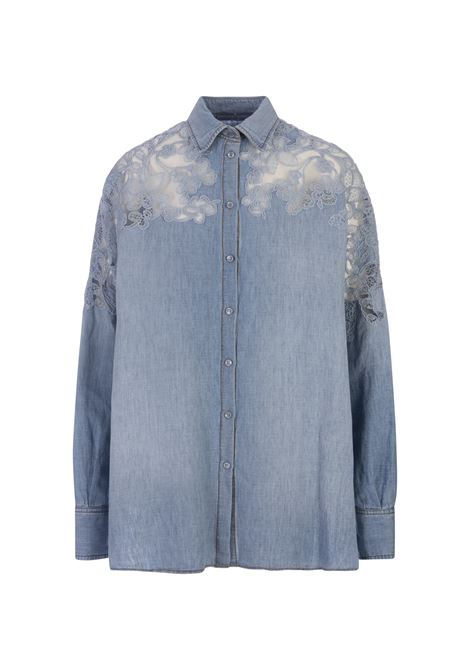 Blue Linen and Cotton Over Shirt With Lace ERMANNO SCERVINO | Shirts | D442K366GFB94037
