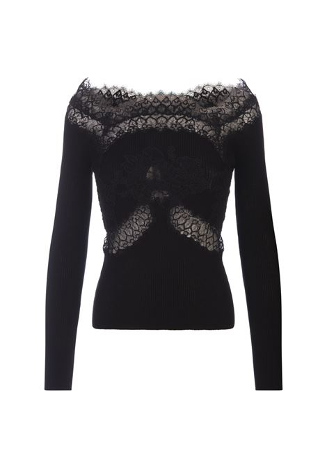 Black Sweater With Lace and Boat Neckline ERMANNO SCERVINO | Knitwear | D445M315APPLX95708