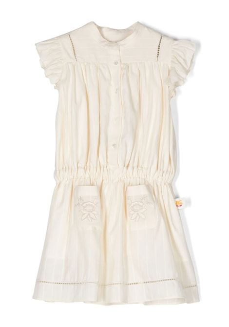 Beige Pinstripe Dress With Ruffles and Embroidery ETRO KIDS | GU1B71-P0374105