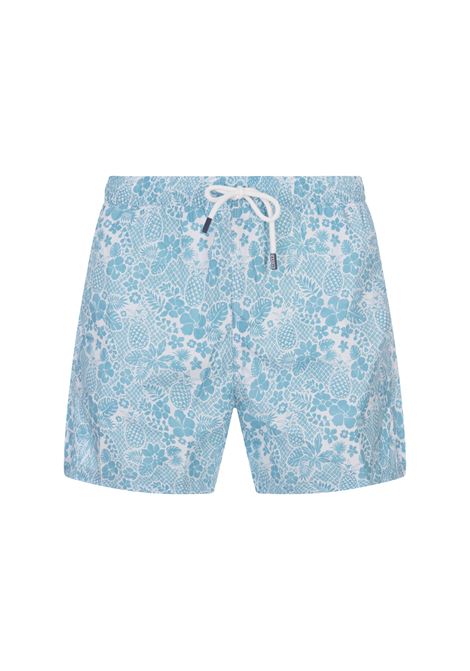 Sky Blue Swim Shorts With Tropical Pattern FEDELI | 00318-C099351