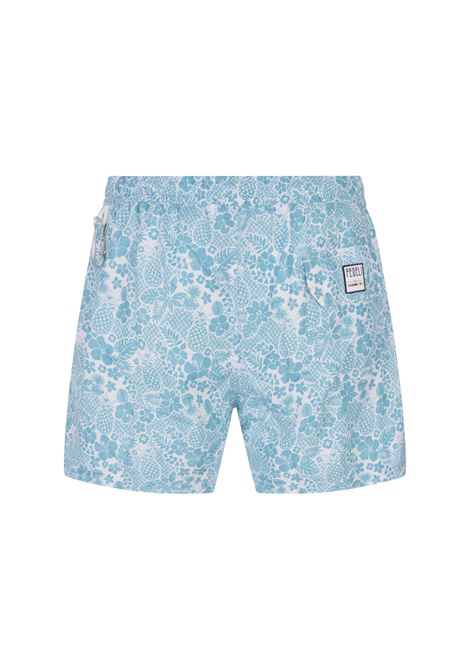 Sky Blue Swim Shorts With Tropical Pattern FEDELI | 00318-C099351