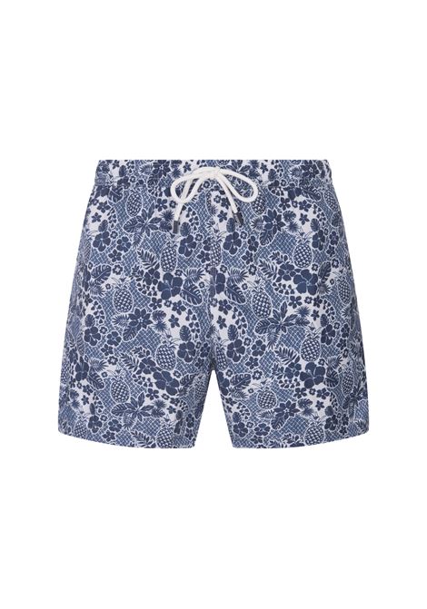Dark Blue Swim Shorts With Tropical Pattern FEDELI | 00318-C099352
