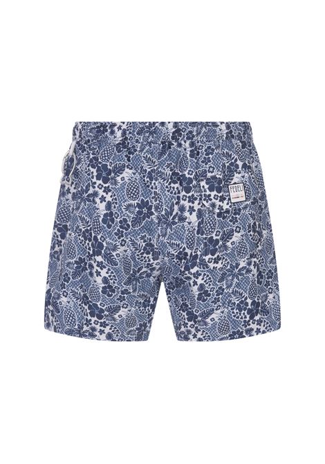 Dark Blue Swim Shorts With Tropical Pattern FEDELI | 00318-C099352