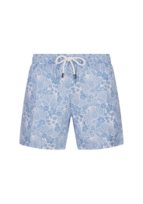 Sky Blue Swim Shorts With Tropical Pattern FEDELI | 00318-C099357