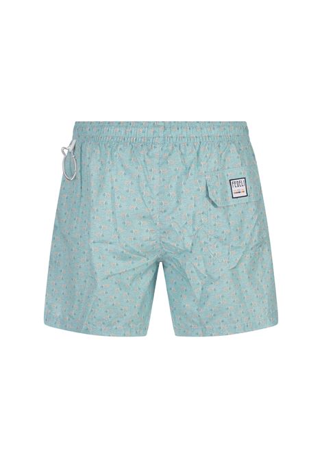 Turquoise Swim Shorts With Fish Pattern FEDELI | 00318-C099459