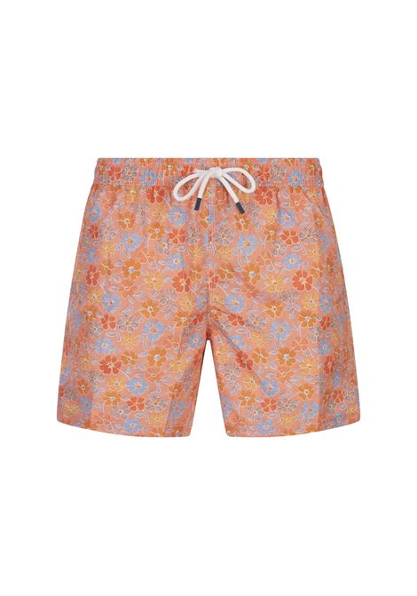 Orange Swim Shorts With Multicoloured Flower Pattern FEDELI | 00318-C101183