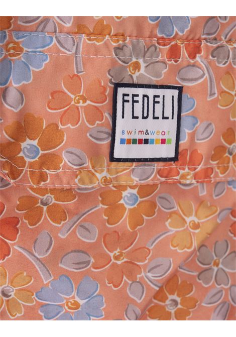 Orange Swim Shorts With Multicoloured Flower Pattern FEDELI | 00318-C101183