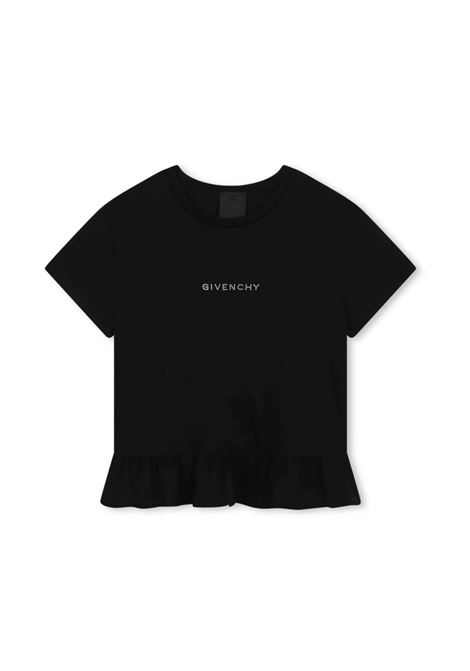 Black Peplum T-Shirt With Rhinestone Logo GIVENCHY KIDS | H3008609B