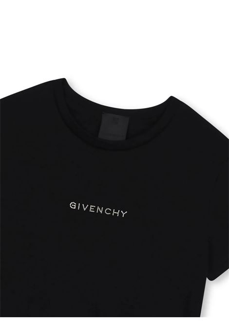 Black Peplum T-Shirt With Rhinestone Logo GIVENCHY KIDS | H3008609B