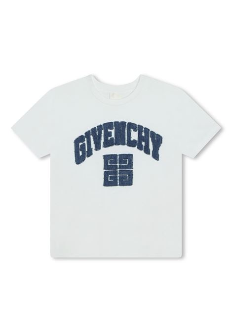 T-Shirt Bianca Con Logo Blu Applicato GIVENCHY KIDS | H3016710P